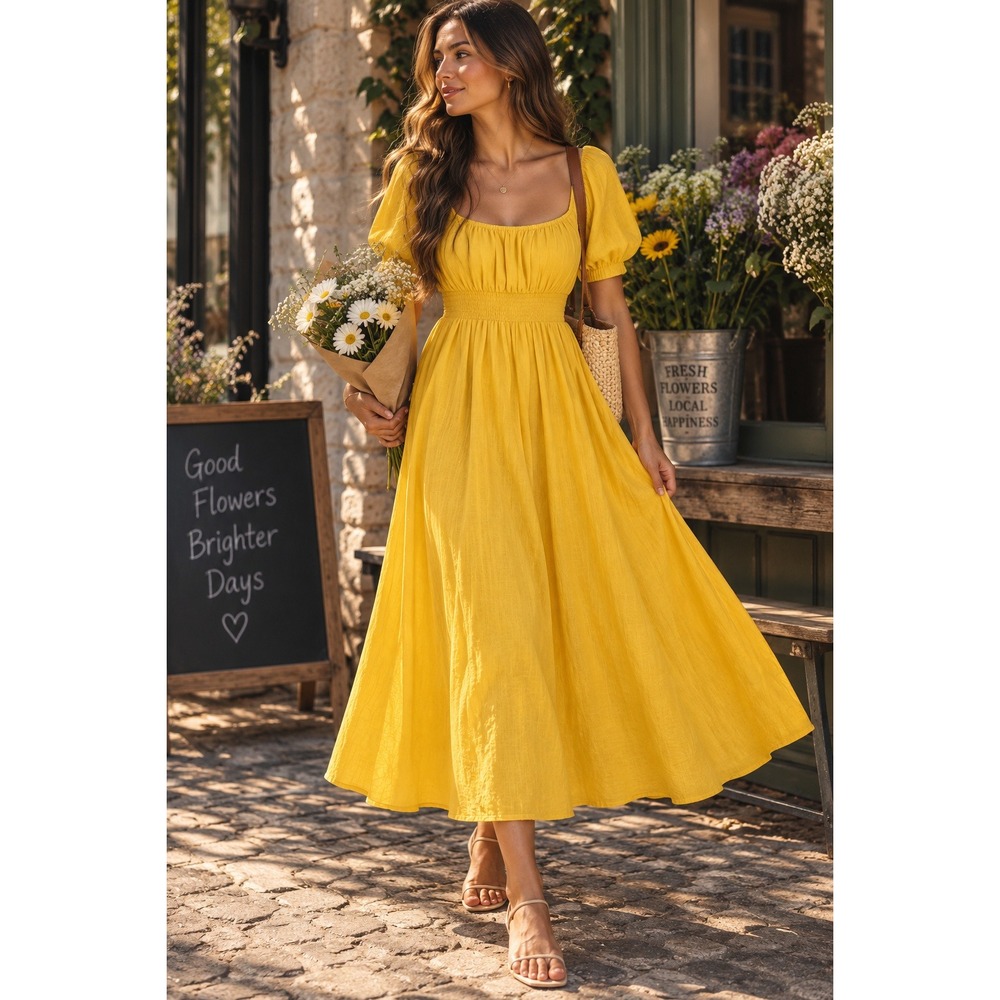 Boden Dress Women 14R Yellow Cottagecore Boho Sun Midi Romantic